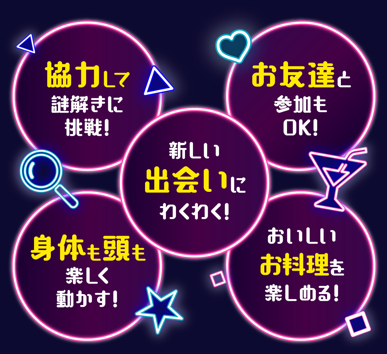 協力して謎解きに挑戦！お友達と参加もOK！新しい出会いにわくわく！身体も頭も楽しく動かす！おいしいお料理を楽しめる！